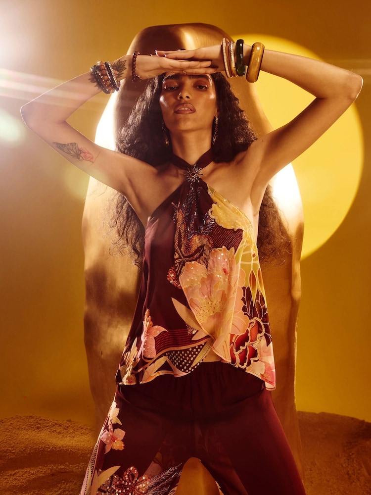 River Island Brown Terry De Havilland Floral Halter Neck Top - Image 1 of 4