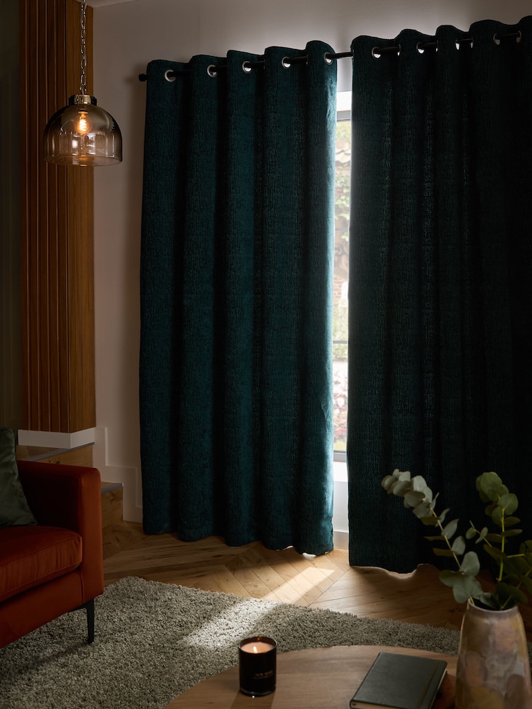 Dark Teal Green Heavyweight Chenille Eyelet Super Thermal Curtains - Image 1 of 7