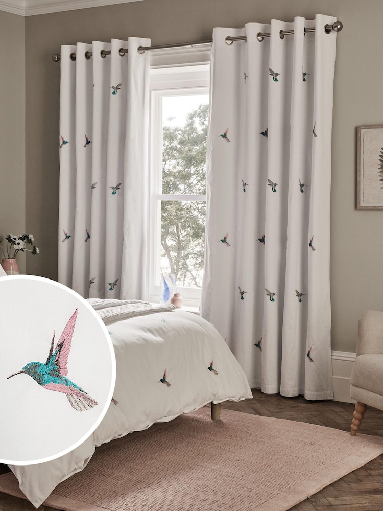 White Hummingbird Embroidered Blackout Eyelet Curtains - Image 1 of 8