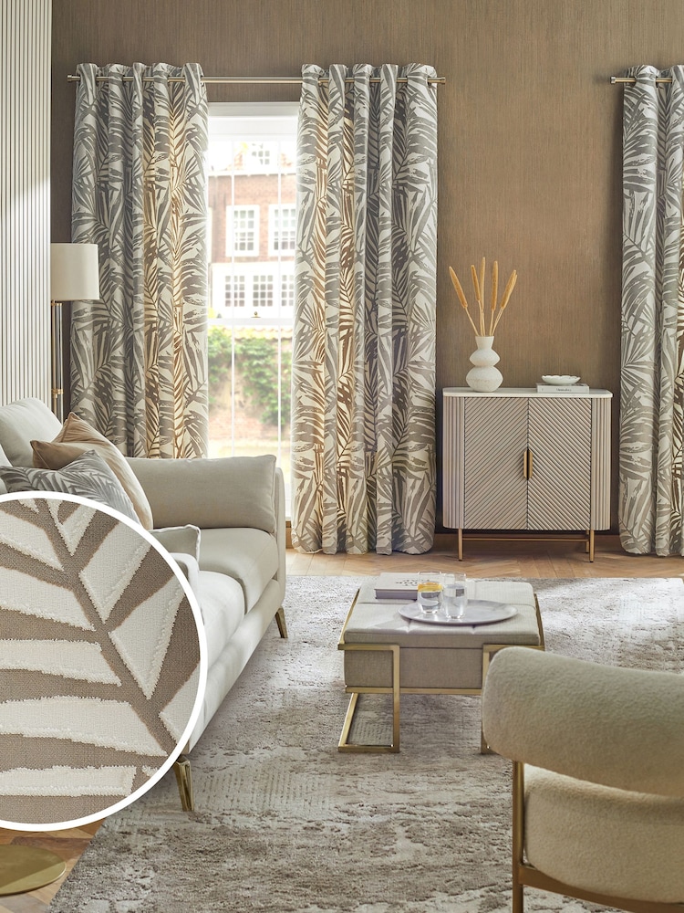 Champagne Natural Collection Luxe Velvet Palm Leaf Eyelet Lined Curtains - Image 3 of 6
