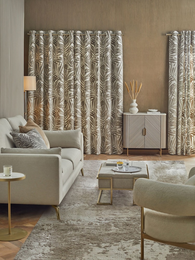 Champagne Natural Collection Luxe Velvet Palm Leaf Eyelet Lined Curtains - Image 4 of 6