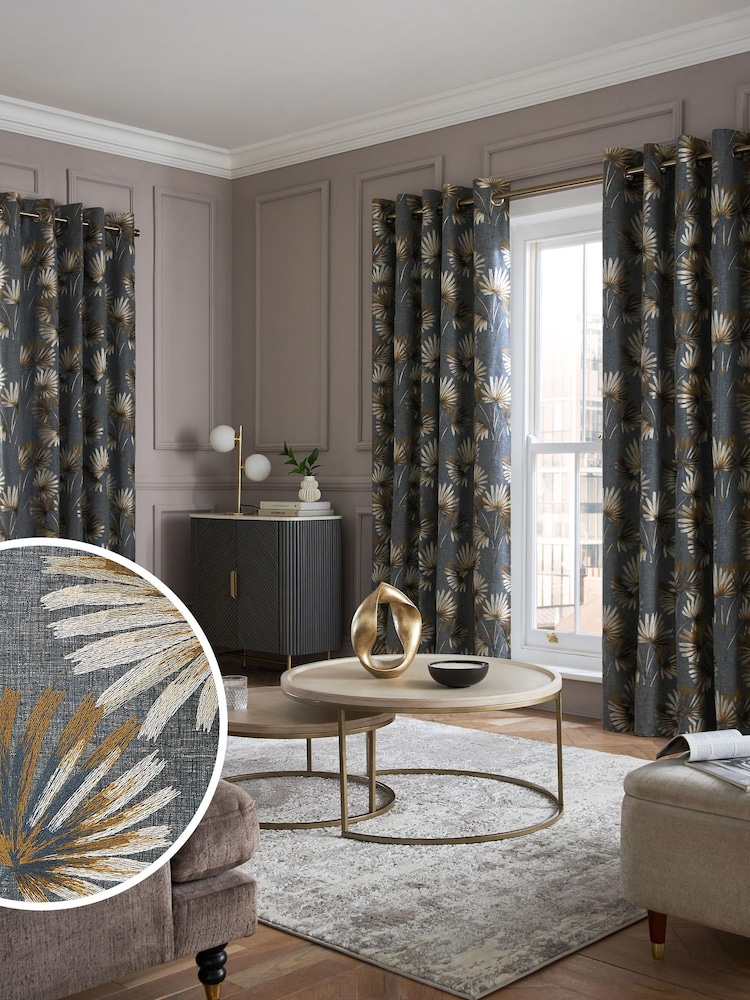 Charcoal Grey Next Collection Luxe Leaf Embroidered Eyelet Lined Curtains - Image 1 of 8