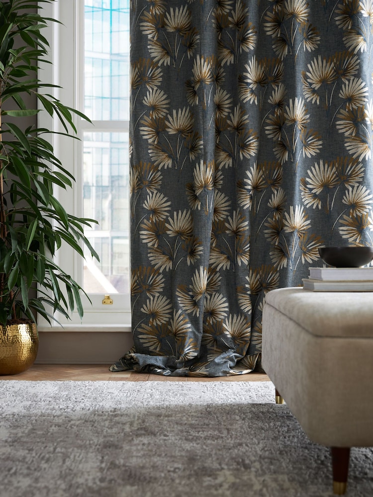 Charcoal Grey Next Collection Luxe Leaf Embroidered Eyelet Lined Curtains - Image 3 of 8
