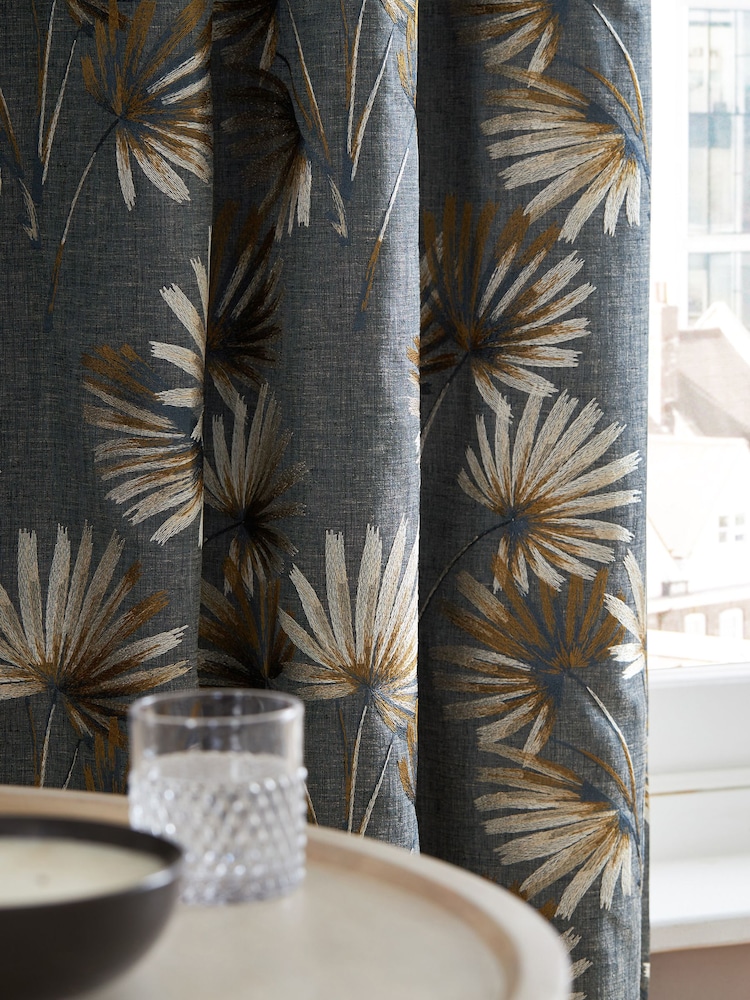 Charcoal Grey Next Collection Luxe Leaf Embroidered Eyelet Lined Curtains - Image 5 of 8
