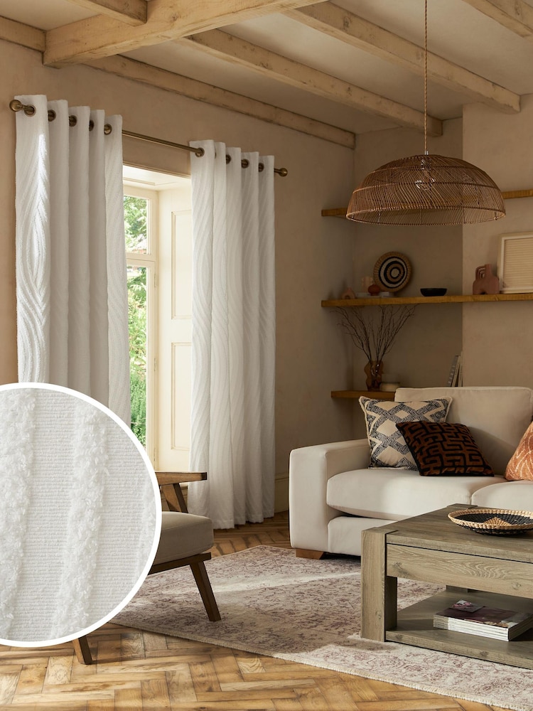 White Textured Tufted Eyelet Lined Curtains - Image 1 of 5