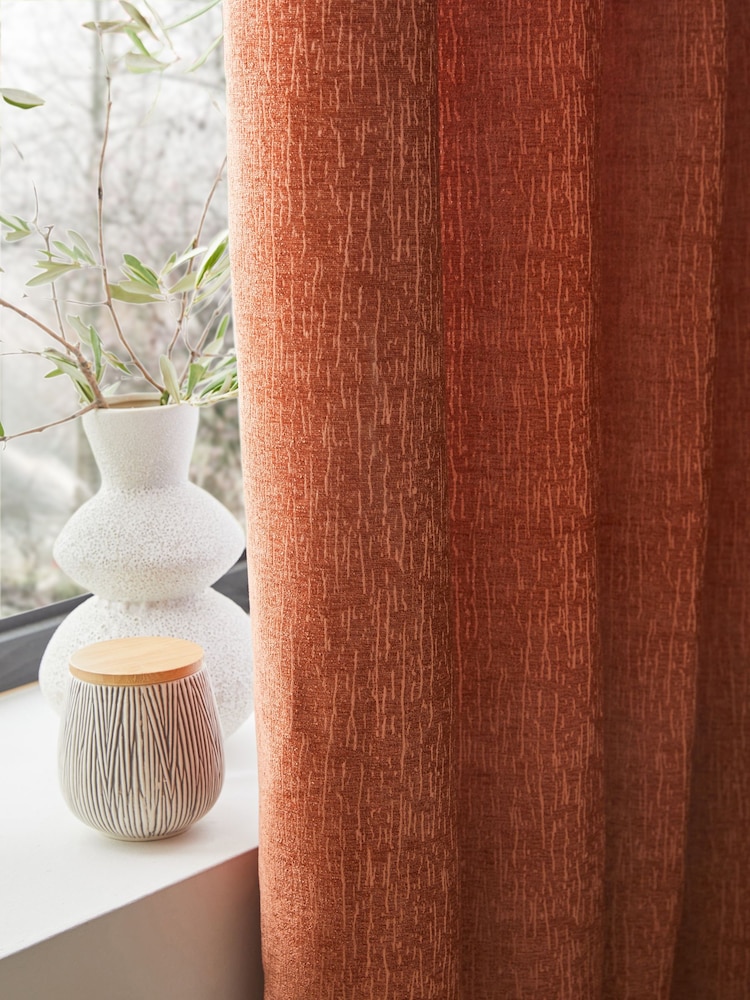 Burnt Orange Next Heavyweight Chenille Eyelet Super Thermal Curtains - Image 3 of 6