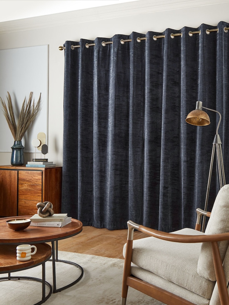 Navy Blue Next Textured Chenille Eyelet Lined Curtains - Image 3 of 6
