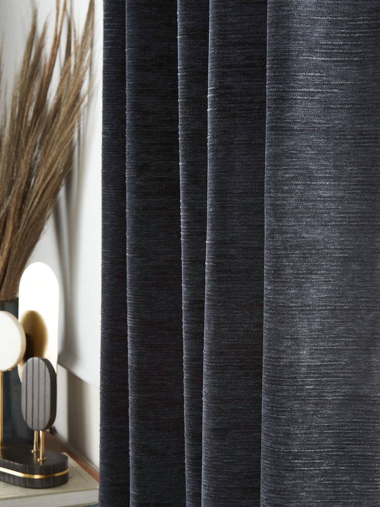 Navy Blue Next Textured Chenille Eyelet Lined Curtains - Image 5 of 6