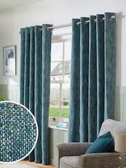 Teal Blue Bobble Texture Lined Eyelet Curtains - Image 1 of 5