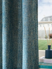 Teal Blue Bobble Texture Lined Eyelet Curtains - Image 3 of 5