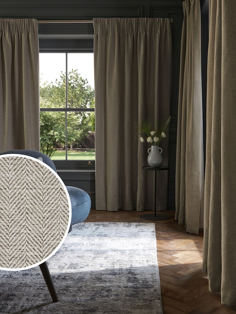 Grey Herringbone Weave Pencil Pleat Lined Curtains - Image 1 of 6