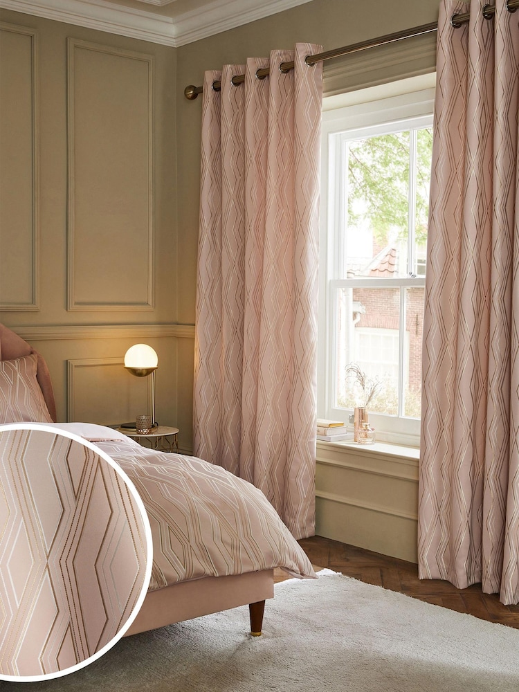Pink Diamond Jacquard Geometric Eyelet Lined Curtains - Image 1 of 5