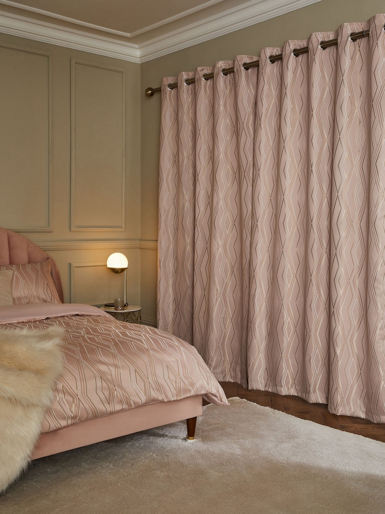 Pink Diamond Jacquard Geometric Eyelet Lined Curtains - Image 2 of 5