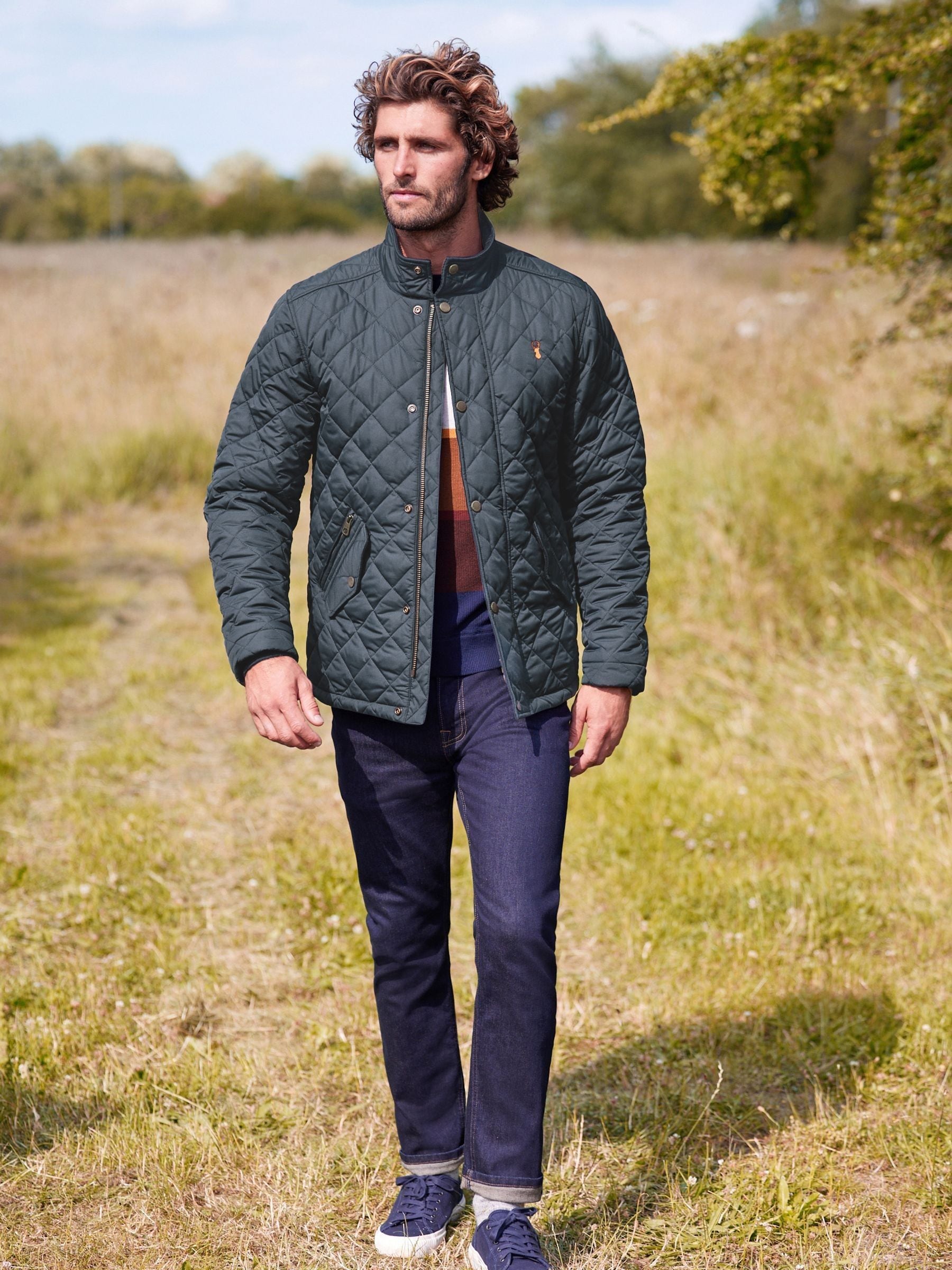 Buy Navy Blue Diamond Quilt Corduroy Collared Funnel Jacket