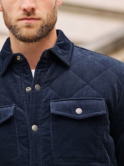 Navy Blue Borg Lined Diamond Quilt Cord Collared Shacket - Image 8 of 13
