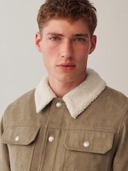 Stone Faux Suede Borg Collared Trucker Jacket - Image 5 of 9