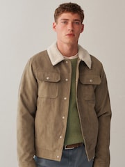 Stone Faux Suede Borg Collared Trucker Jacket - Image 1 of 9