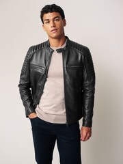 Black Leather Quilted Racer Jacket - Image 1 of 11