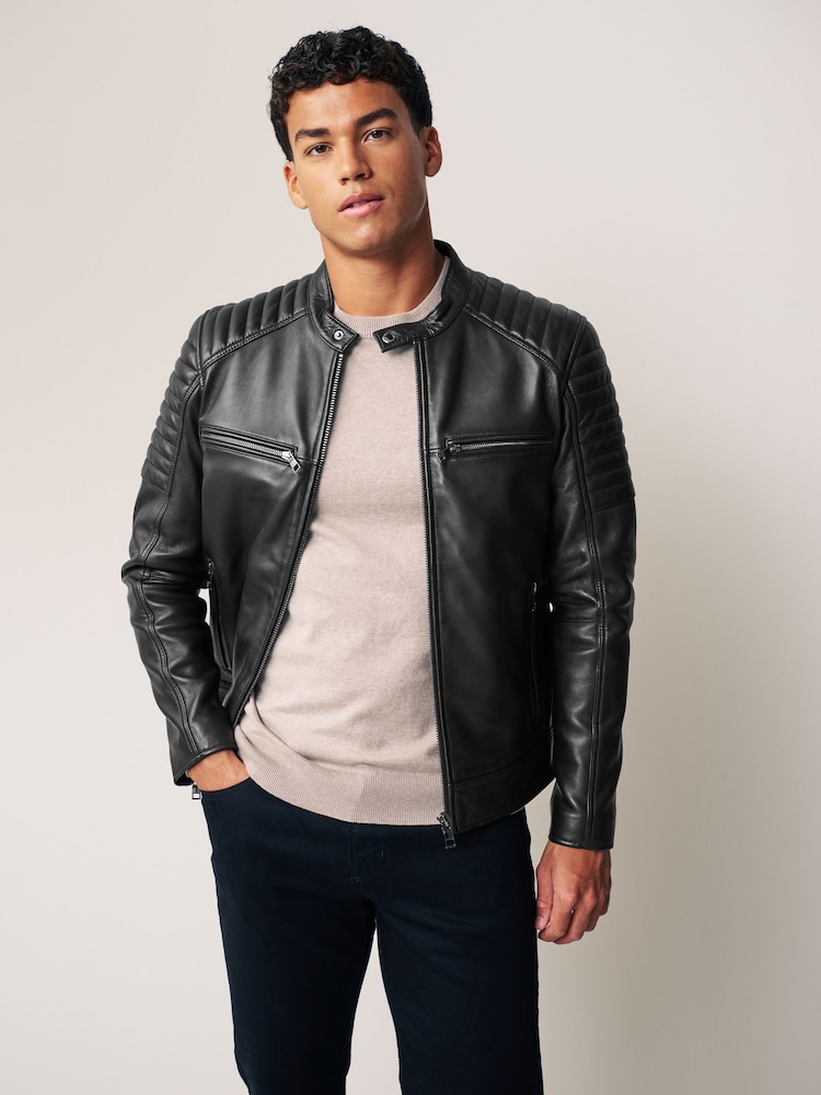 Black Leather Quilted Racer Jacket - Image 1 of 11