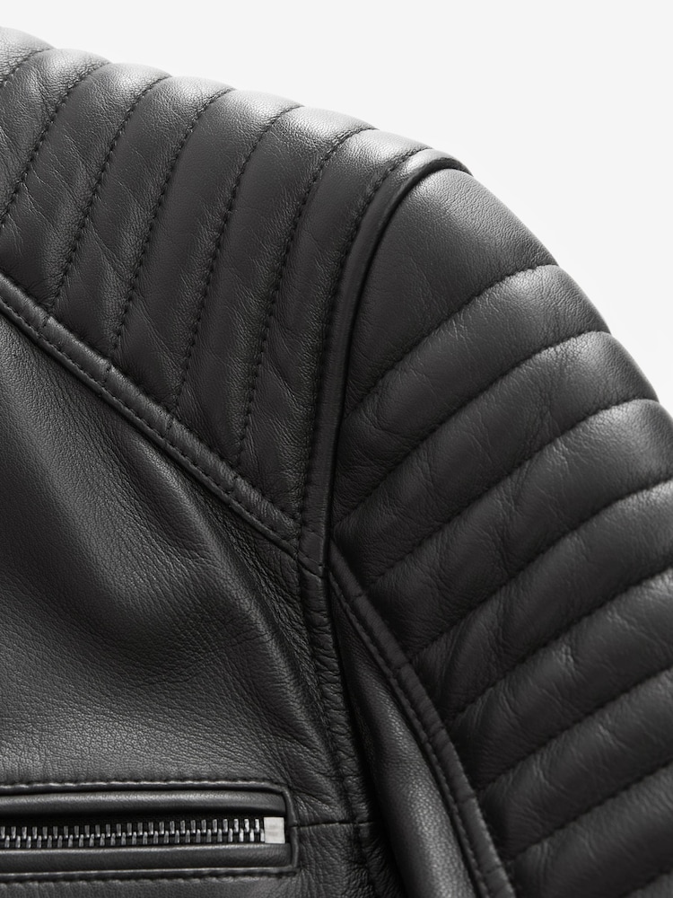 Black Leather Quilted Racer Jacket - Image 11 of 11