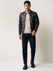 Black Leather Quilted Racer Jacket - Image 2 of 11