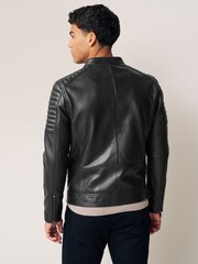 Black Leather Quilted Racer Jacket - Image 3 of 11