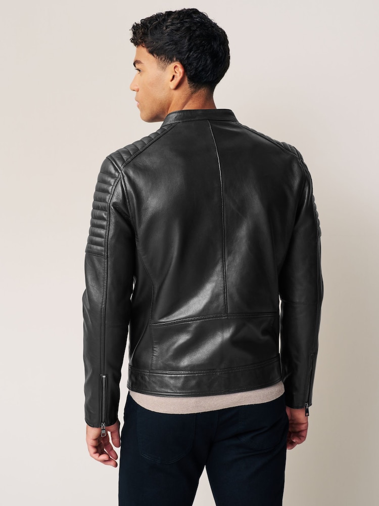 Black Leather Quilted Racer Jacket - Image 3 of 11
