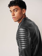 Black Leather Quilted Racer Jacket - Image 4 of 11