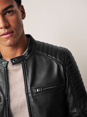 Black Leather Quilted Racer Jacket - Image 5 of 11