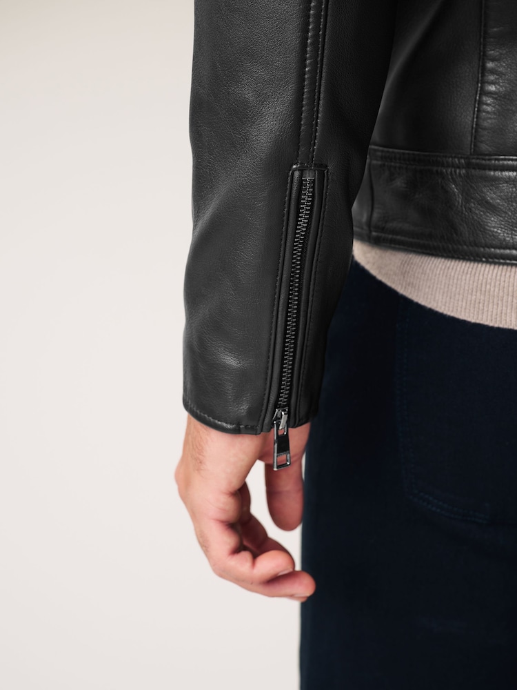 Black Leather Quilted Racer Jacket - Image 6 of 11