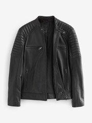 Black Leather Quilted Racer Jacket - Image 8 of 11