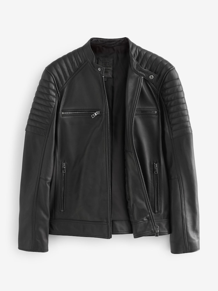 Black Leather Quilted Racer Jacket - Image 8 of 11
