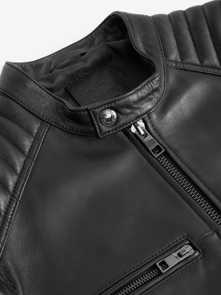 Black Leather Quilted Racer Jacket - Image 9 of 11