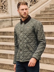 Khaki Green Diamond Quilt Corduroy Collared Jacket - Image 1 of 6