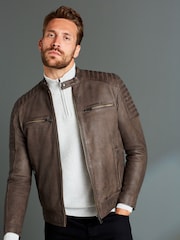 Brown Leather Quilted Racer Jacket - Image 1 of 10