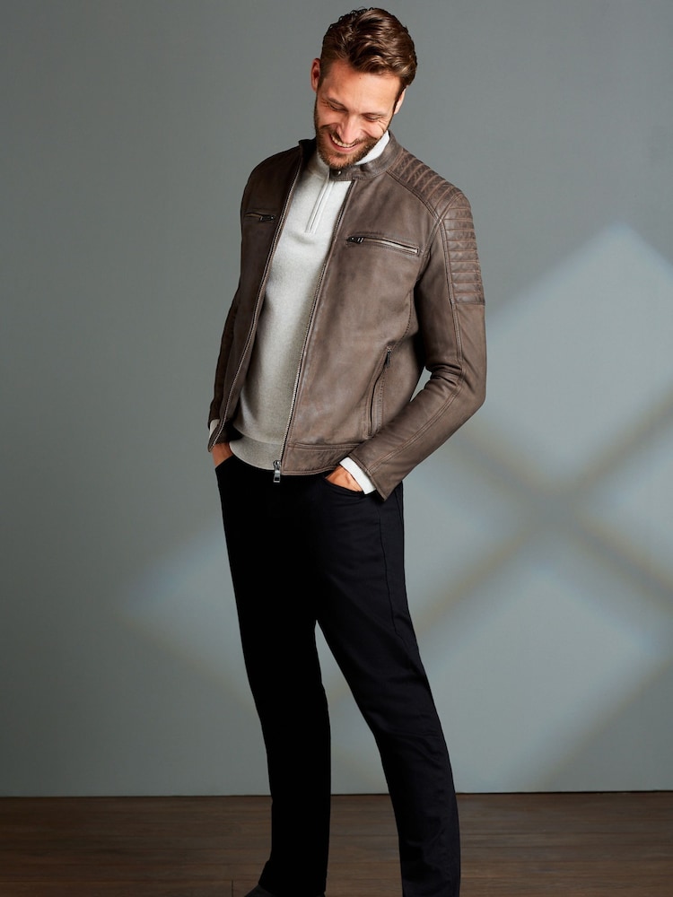 Brown Leather Quilted Racer Jacket - Image 2 of 10