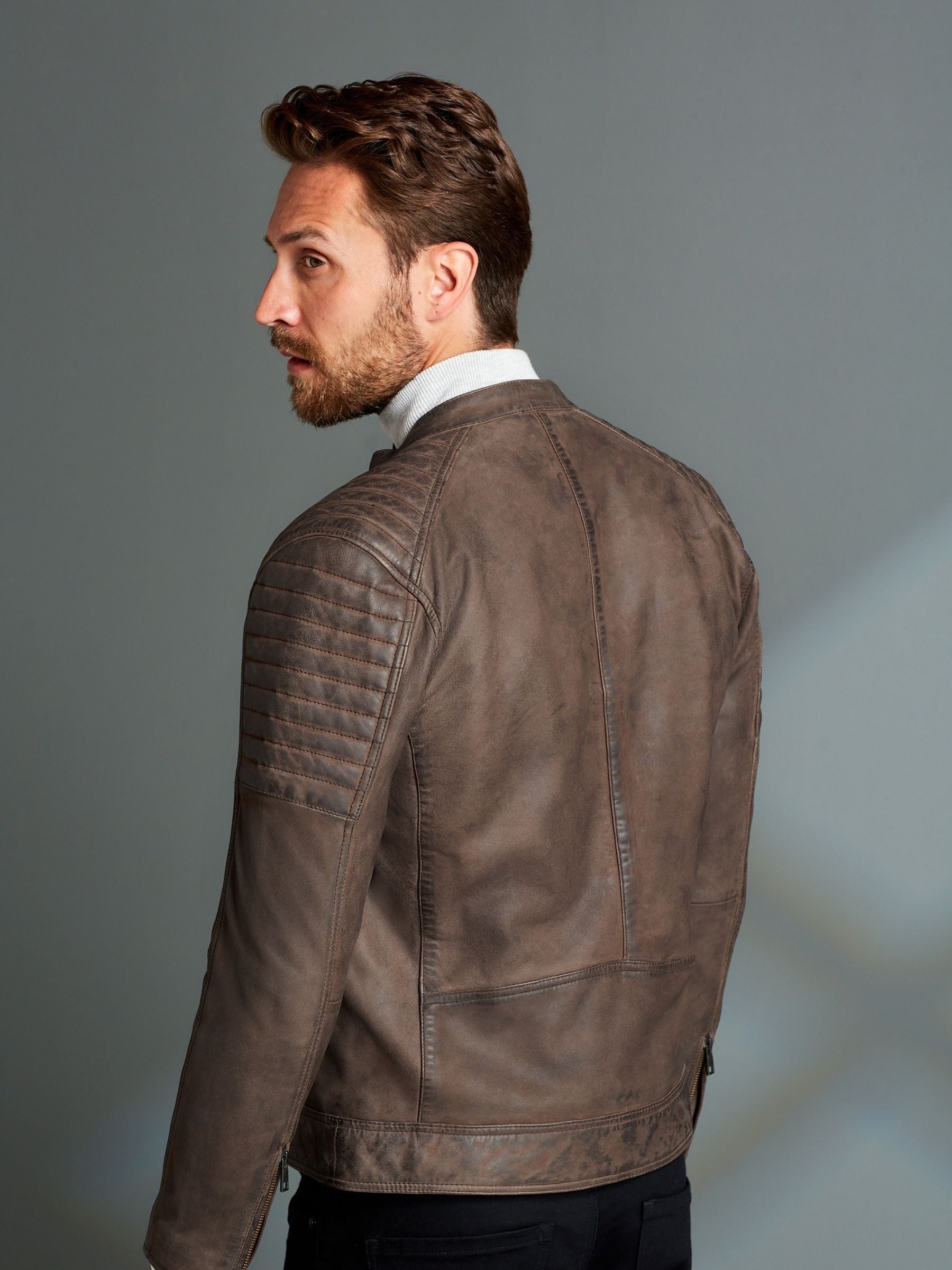Brown - Leather Quilted Racer Jacket