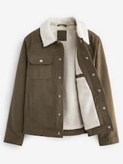 Green Faux Suede Borg Collared Trucker Jacket - Image 1 of 8