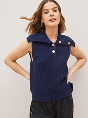 Marineblau/blau - Stricktop mit Knopfleiste und Kragen - Bild 1 von 5