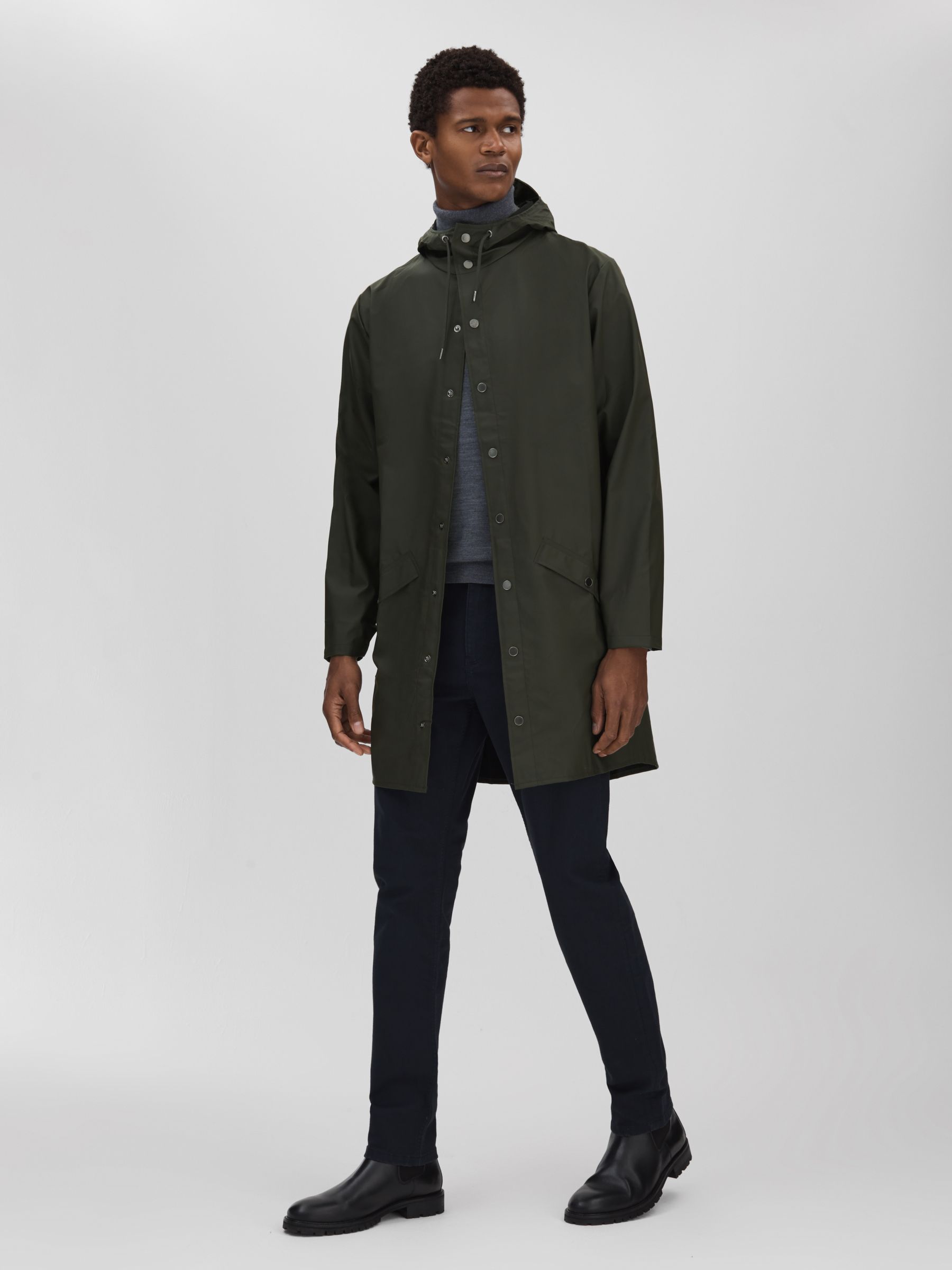 Rains Dark Green Longline Hooded Jacket