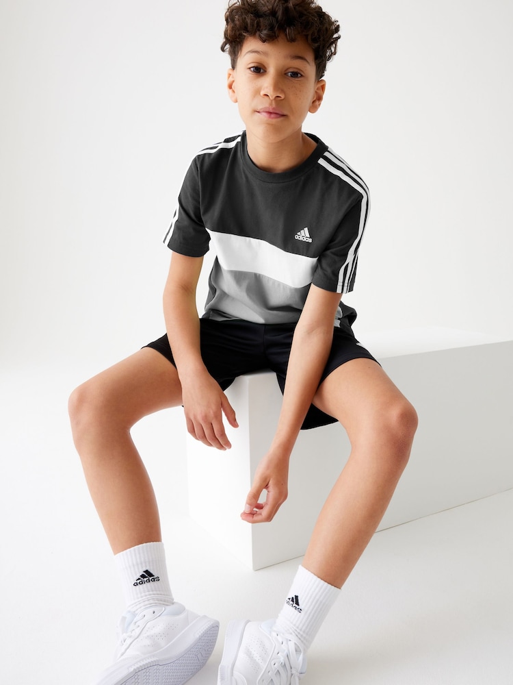 adidas Black Kids Sportswear Tiberio 3-Stripes Colourblock 100% Cotton T-Shirt - Image 2 of 8