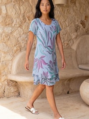 Roman Blue Petite Leaf Print Layered Hem Dress - Image 1 of 4