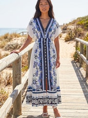 Roman Blue Petite Border Print V-Neck Midi Dress - Image 1 of 4