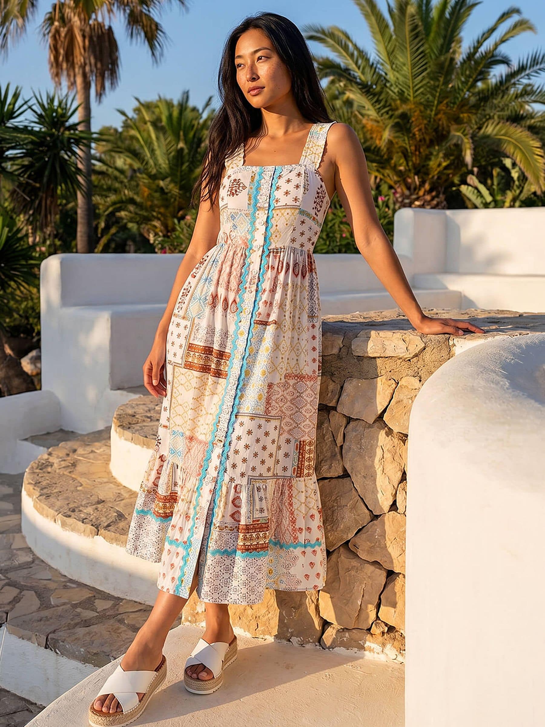 Roman Women's White Petite Ric Rac Strappy Midi Dress