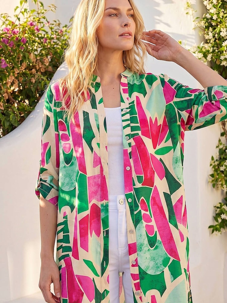 Roman Pink Petite Printed Longline Shirt - Image 2 of 4 Roman Pink Petite Printed Longline Shirt - Image 2 of 4