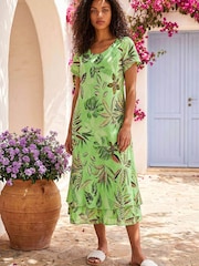 Roman Green Petite Leaf Print Layered Hem Dress - Image 1 of 4