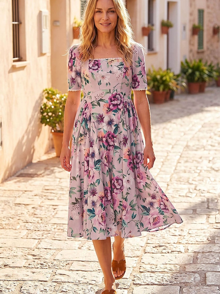 Roman Pink Petite Floral Woven Dress - Image 1 of 4 Roman Pink Petite Floral Woven Dress - Image 1 of 4