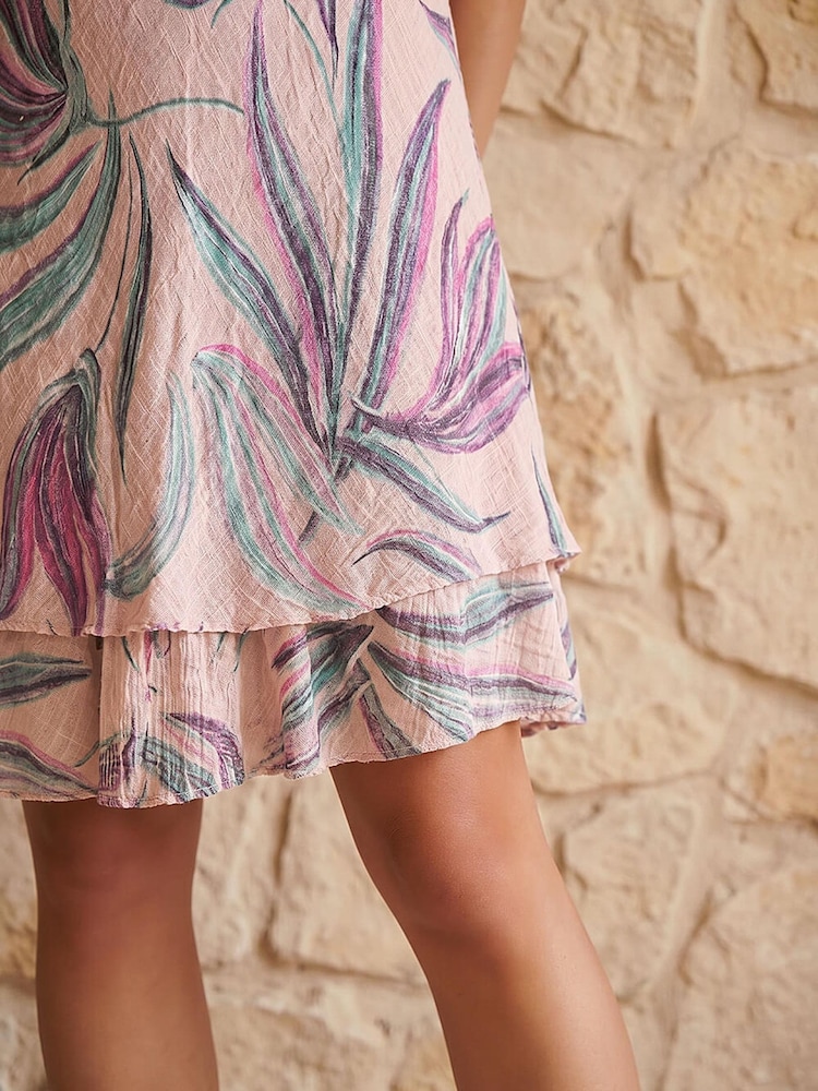Roman Pink Petite Leaf Print Layered Hem Dress - Image 4 of 4