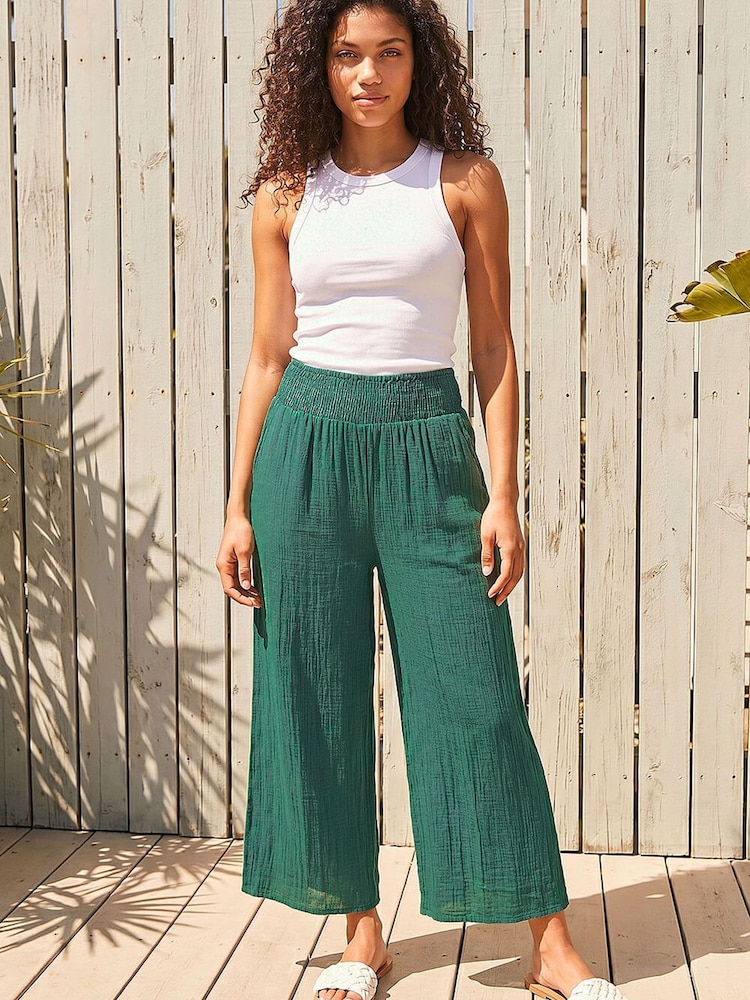 Roman Green Petite Shirred Waist Trousers - Image 1 of 4 Roman Green Petite Shirred Waist Trousers - Image 1 of 4