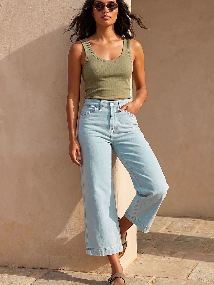 Roman Light Denim Blue Stretch Culotte Jeans - Image 1 of 4 Roman Light Denim Blue Stretch Culotte Jeans - Image 1 of 4
